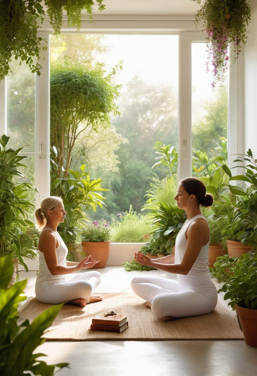 A serene scene depicting a diverse group of individuals engaging in holistic cancer recovery practices: one person meditating, another enjoying organic gardening, someone practicing yoga, and a supportive friend reading. Gentle sunlight filters through lush greenery, symbolizing hope and healing. Soft, soothing colors dominate the palette to evoke warmth and comfort. super-realistic. vibrant colors. white background.