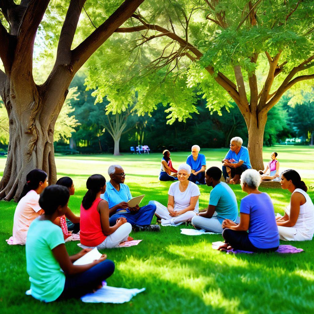 A serene and inviting scene depicting a diverse group of people of various ages and ethnicities sitting together in a lush green park, sharing stories and resources for cancer support. In the background, a soft sunlight filters through the trees, creating a warm and hopeful atmosphere. Include symbols of hope like ribbons and flowers scattered around. super-realistic. vibrant colors. natural setting.