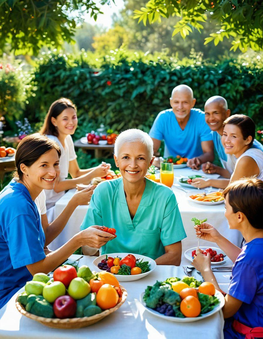 A serene scene depicting a cancer patient gently smiling while enjoying a colorful, nutritious meal with fresh vegetables and fruits on a bright table. Surrounding them are supportive friends and family members, radiating warmth and love. In the background, a peaceful garden symbolizes healing and growth, with soft sunlight filtering through the leaves. whimsical painting. vibrant colors. natural setting.